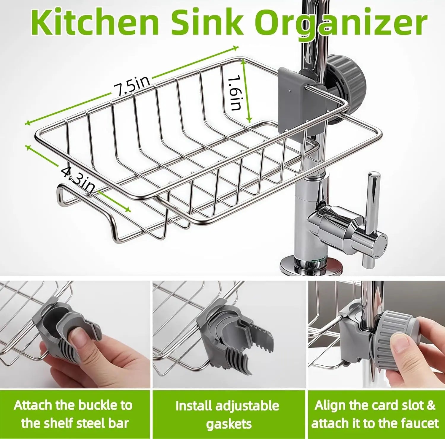 Stainless Steel Over-Faucet Sink Organizer, Rectangle Durable Steel Stand, Adjustable Multifunctional Kitchen Organizers, 360-Degree Rotation No-Drill Holder for Bathroom & Kitchen