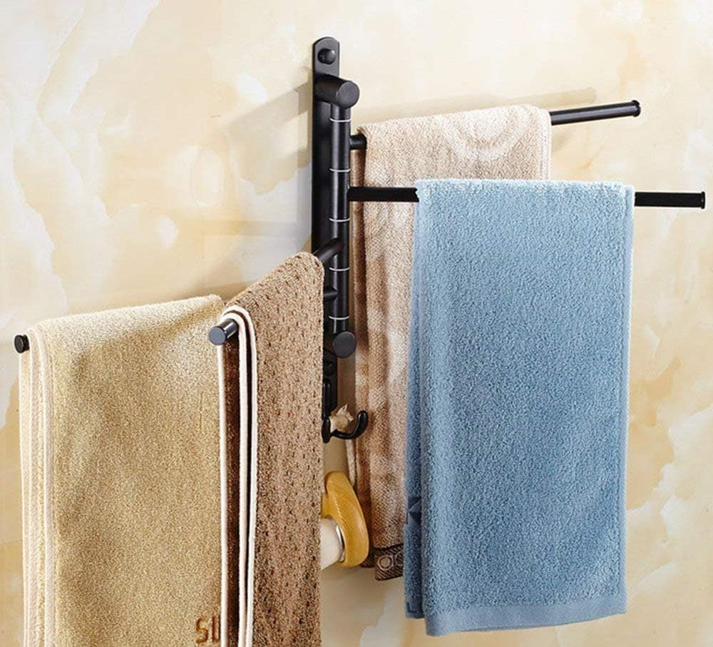 Oil Rubbed Bronze Wall-Mounted Swivel Towel Rack Holder with Hooks - 4-Arm Design for Bathroom