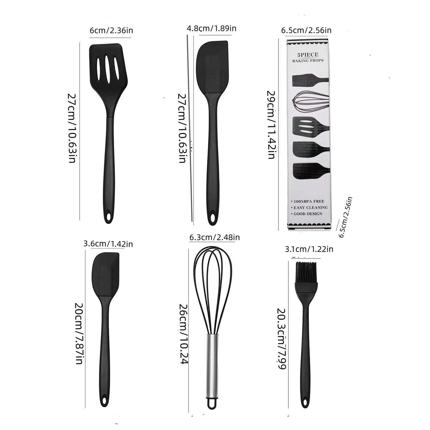 Food-Grade Silicone Kitchen Bakeware Combo Set (5Pcs) - Spatula, Leak-Proof Scraper, Whisk, Brush, Heat-Resistant Stirring Utensils for 4-Hole Pans, Kitchen Supplies + Free 10-Piece Metal Wire Dish Cloths (Dish-Safe, Detailed Size Chart Included)