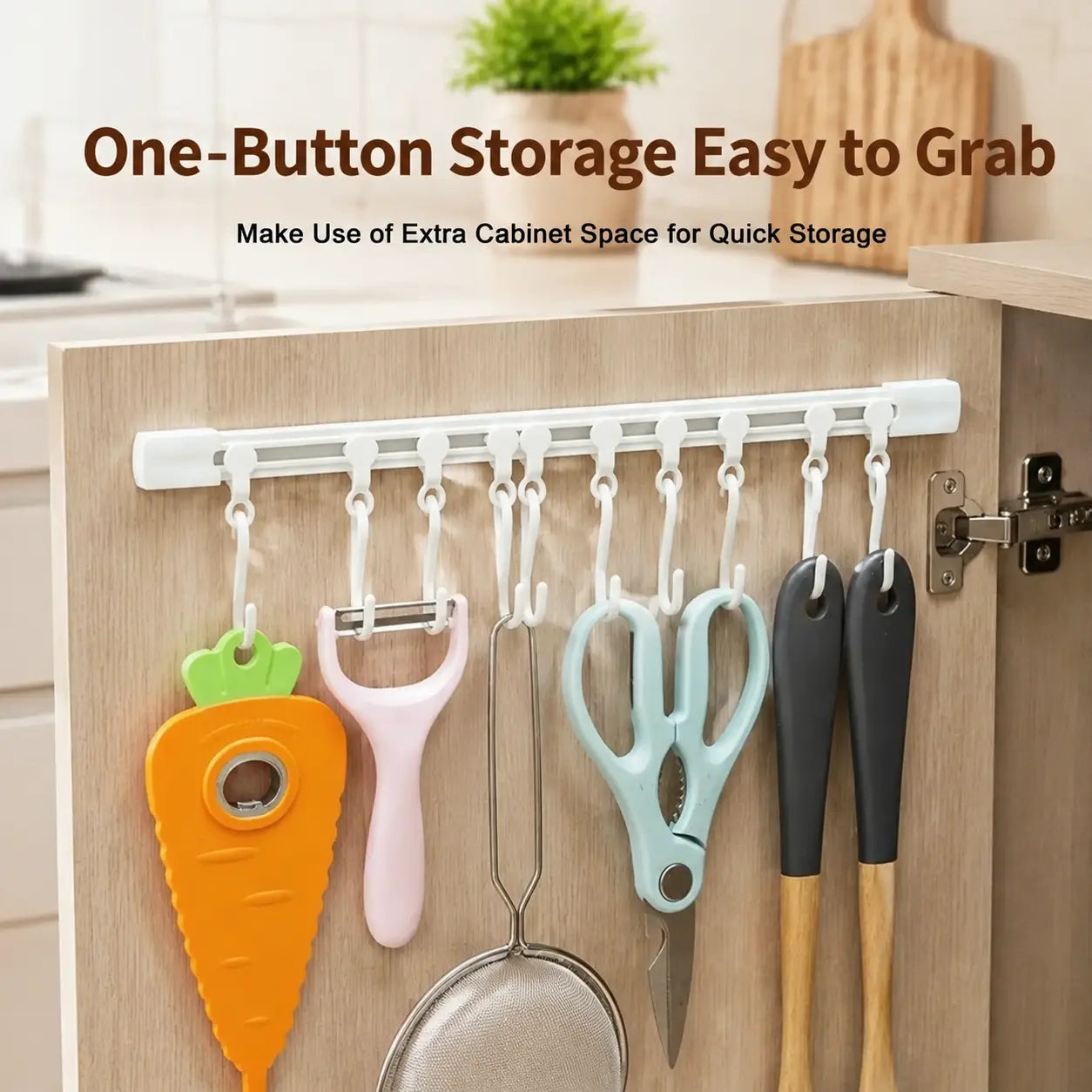 Adjustable 10-Hook Multifunctional Slide Rail Adhesive Wall Organiser, Kitchen Utensil Holder, Cupboard Hanging Storage Rack for Bathroom & Bedroom