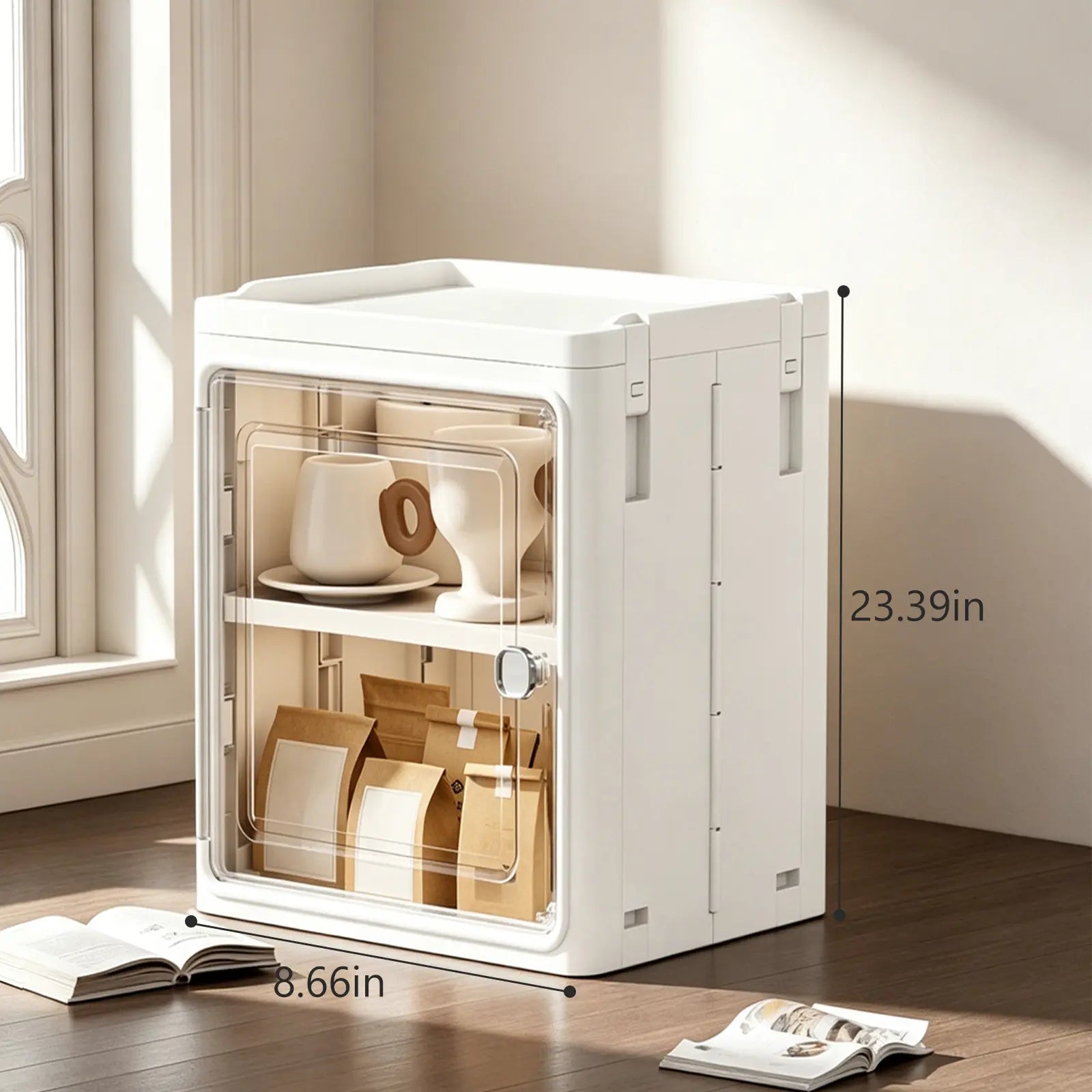 White Freestanding PP Plastic Pantry Storage Cabinet - 5-Tier Slim Narrow Unit with 360° Swivel Casters, Adjustable Shelves, Flat Fold, Lockable Modern Design, Furniture Storage for Kitchen Organizing, Bathroom