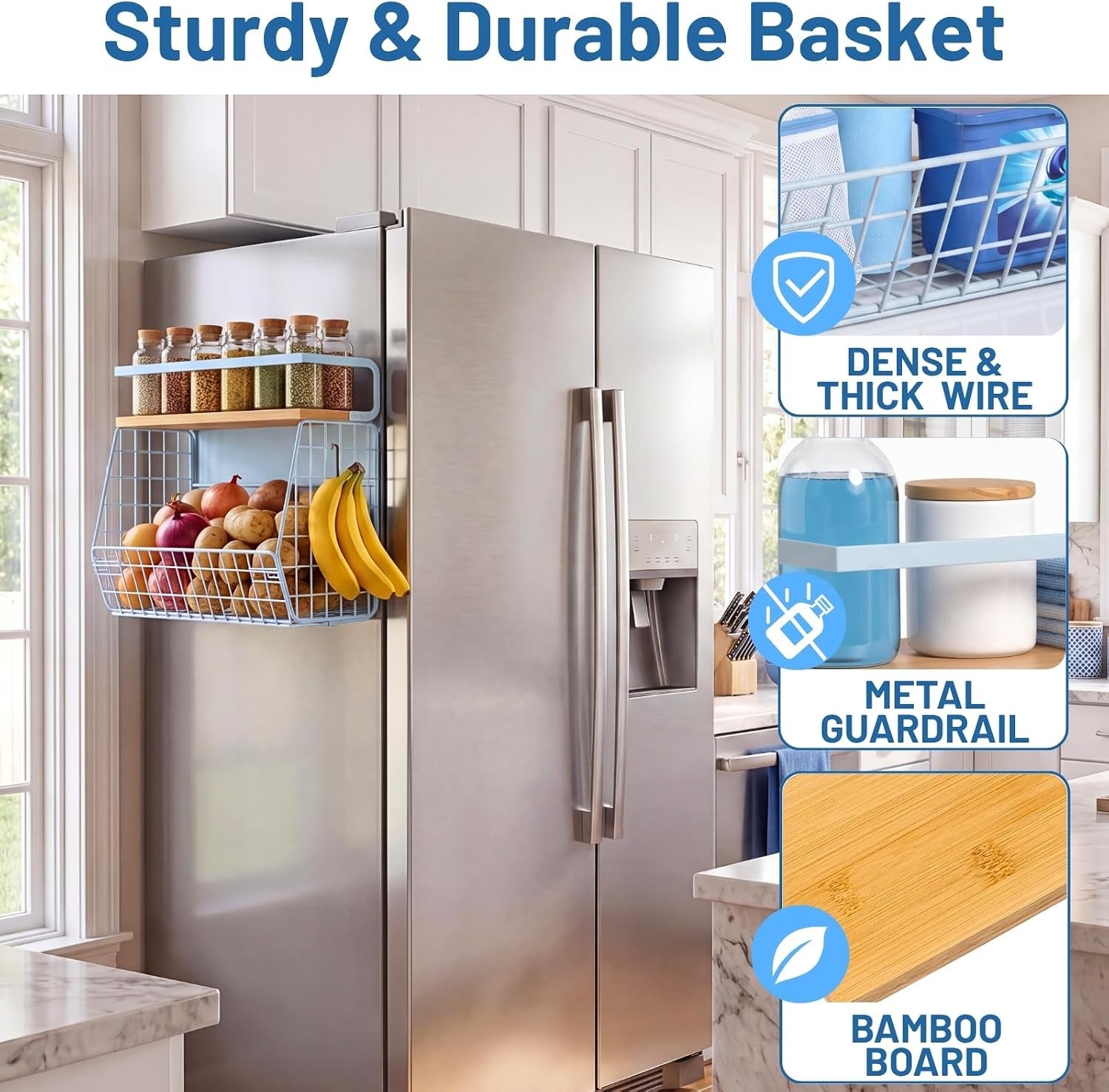 Magnetic Refrigerator Shelf with Wooden Lid for Fruit, Potato, and Onion Storage - Large Pantry Organizer and Spice Rack for Kitchen Counter and Cabinet (Blue, 1)