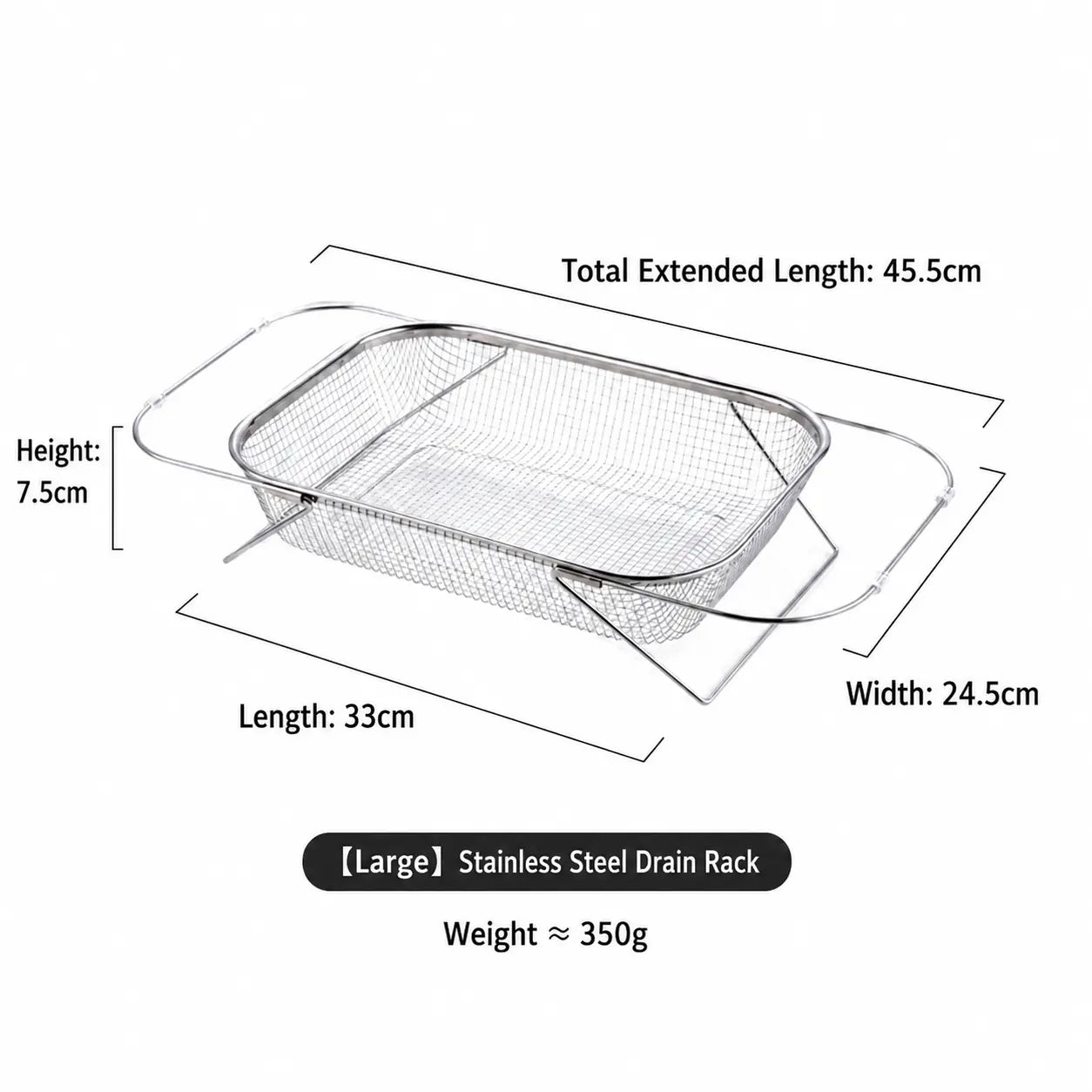 Stainless Steel Expandable Over-The-Sink Colander Strainer Basket with Handles - Rectangular Fine Mesh Kitchen Utensil, Essential Kitchen Supply