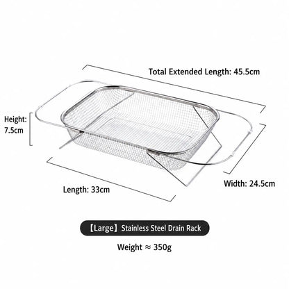 Stainless Steel Expandable Over-The-Sink Colander Strainer Basket with Handles - Rectangular Fine Mesh Kitchen Utensil, Essential Kitchen Supply
