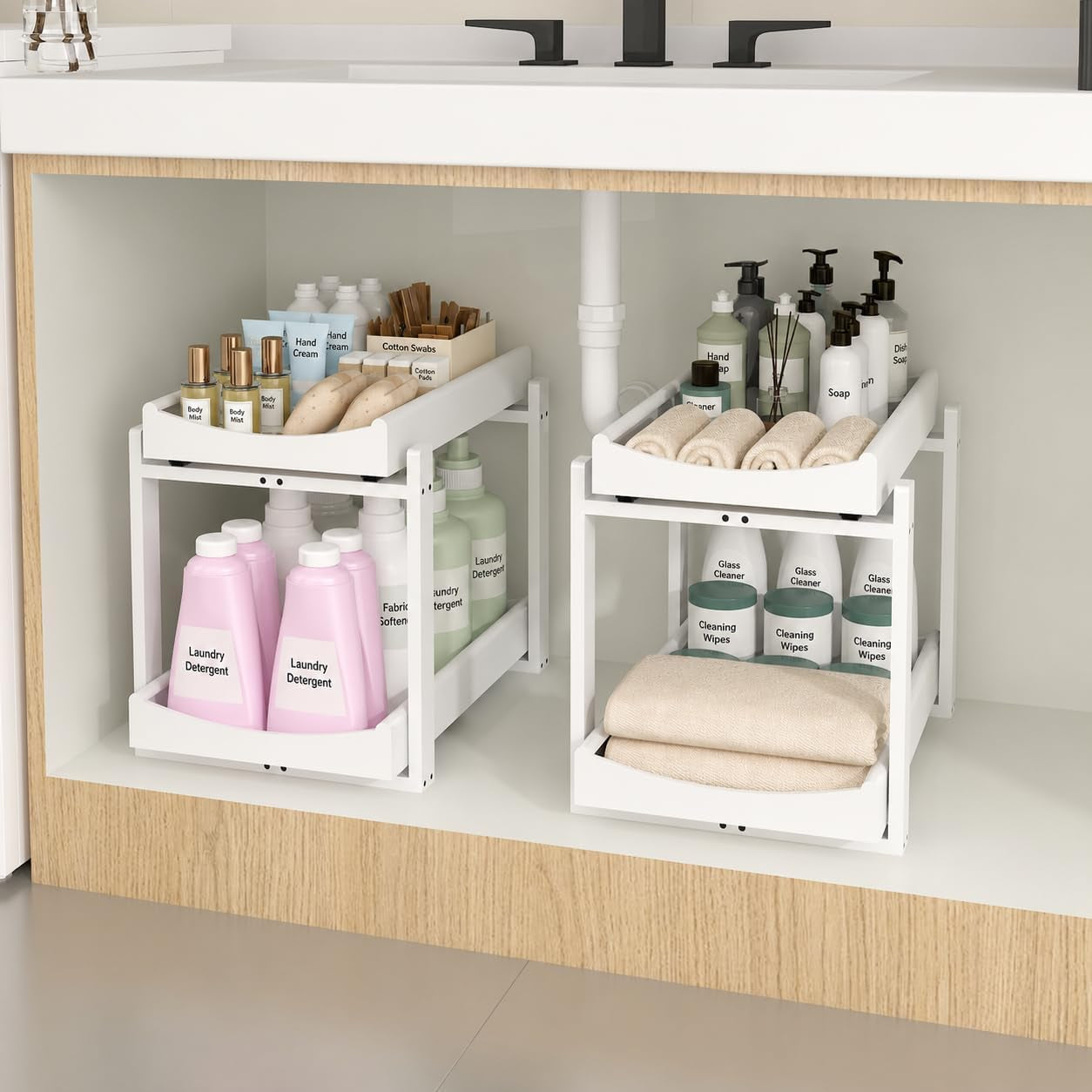 Bamboo under Sink Organizer, 2 Pack Pull Out Cabinet Organizer