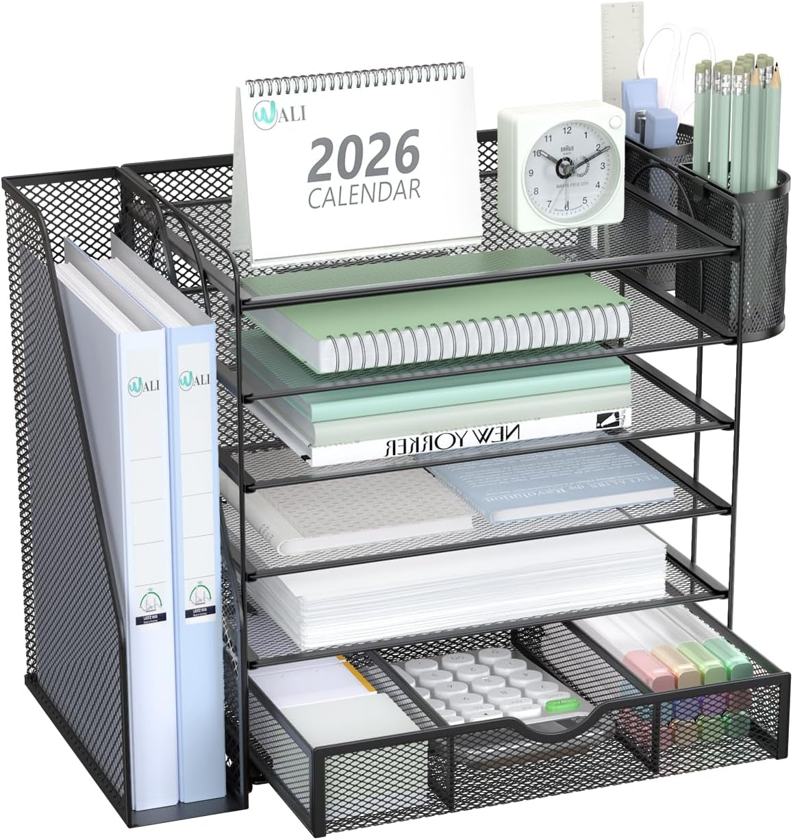 6-Tier Desktop File Organizer with Drawer and Dual Pen Holders - Professional Office and Home Workspace Accessory, Black