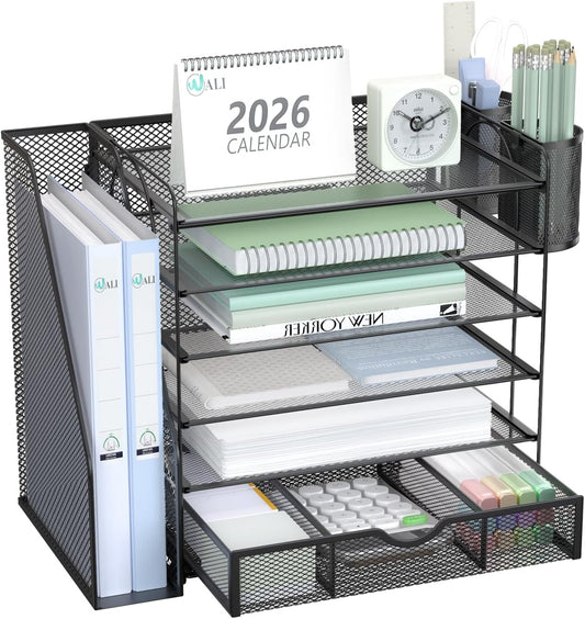 6-Tier Desktop File Organizer with Drawer and Dual Pen Holders - Professional Office and Home Workspace Accessory, Black