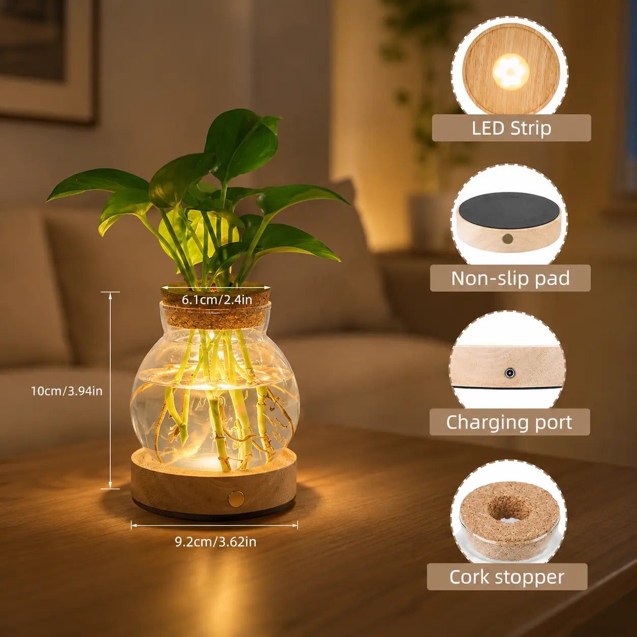 LED Plant Propagation Vase with Wooden Base, Stepless Dimmable Glass Hydroponic Terrarium, Indoor Plant Holder, Modern Home Decor Gift for Plant Lovers, Mom & Women