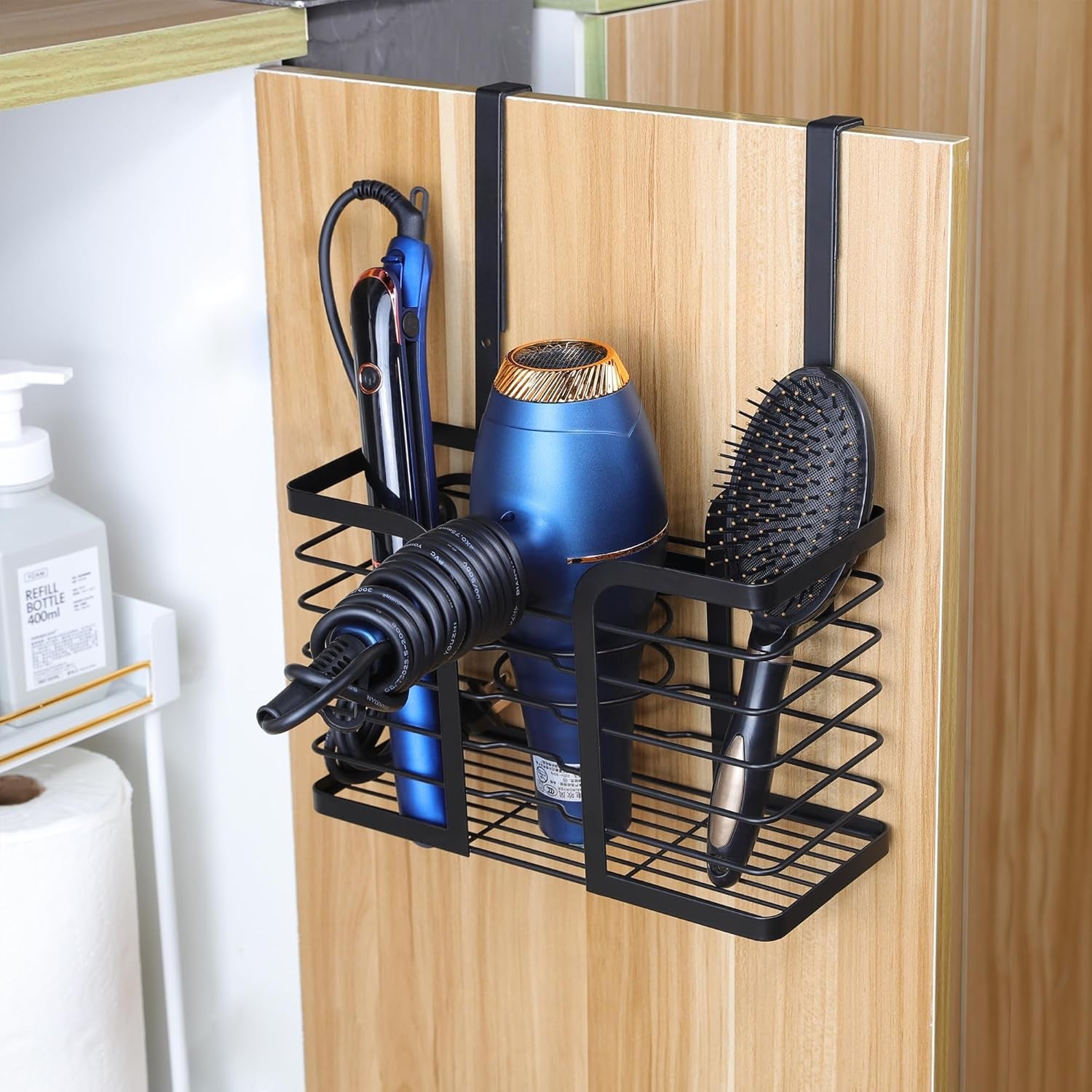 3-In-1 Adjustable Hair Dryer Holder and Tool Organizer for Wall Mounting or Cabinet Doors - Compatible with Flat Irons, Curling Irons, and Hair Straighteners