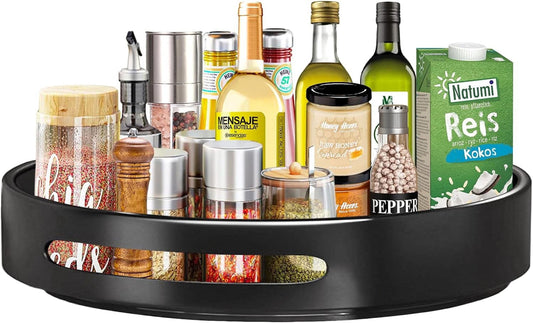 SKYWEE 360° Lazy Susan Turntable Organizer - Metal Spice Rack for Kitchen, Pantry, Cabinet, and Worktop Surfaces, Black Finish