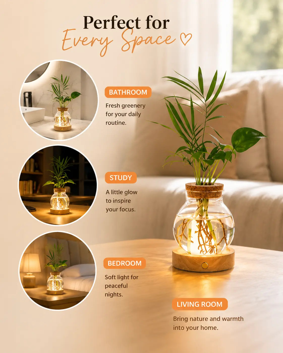 LED Plant Propagation Vase with Wooden Base, Stepless Dimmable Glass Hydroponic Terrarium, Indoor Plant Holder, Modern Home Decor Gift for Plant Lovers, Mom & Women