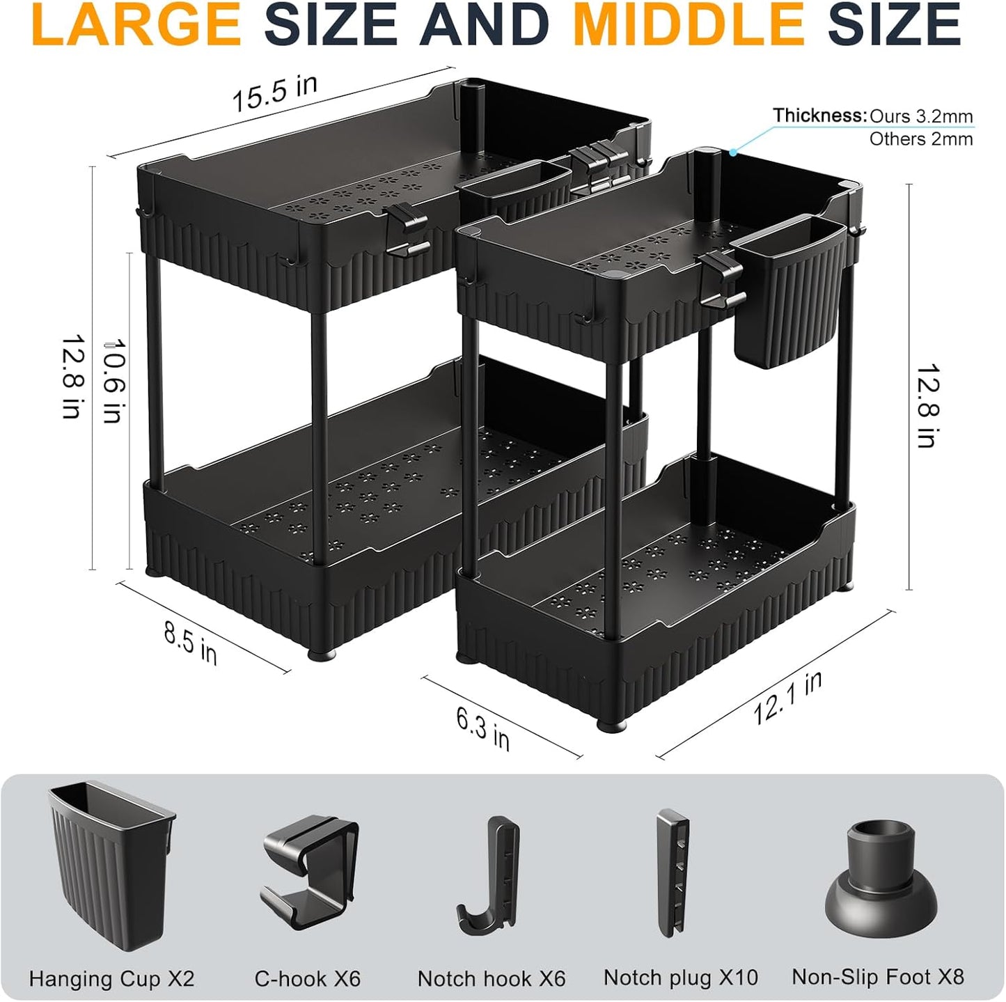 Under-Sink Organizer Set with Hooks and Hanging Cups for Kitchen Storage - 2-Pack