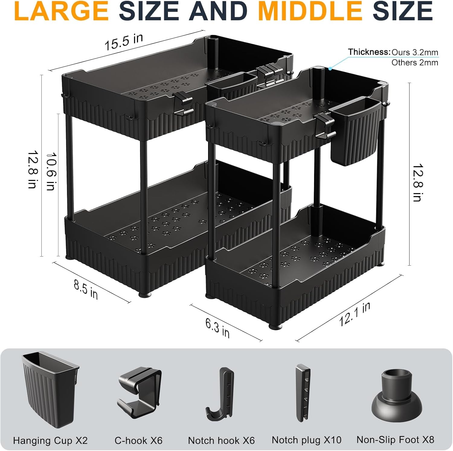 Under-Sink Organizer Set with Hooks and Hanging Cups for Kitchen Storage - 2-Pack