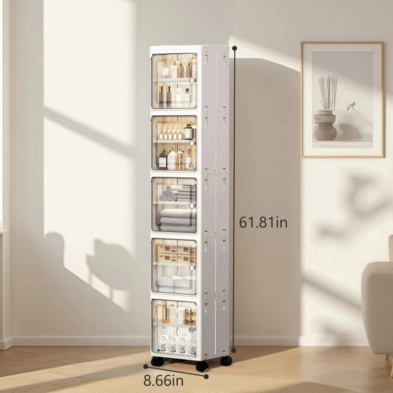White Freestanding PP Plastic Pantry Storage Cabinet - 5-Tier Slim Narrow Unit with 360° Swivel Casters, Adjustable Shelves, Flat Fold, Lockable Modern Design, Furniture Storage for Kitchen Organizing, Bathroom
