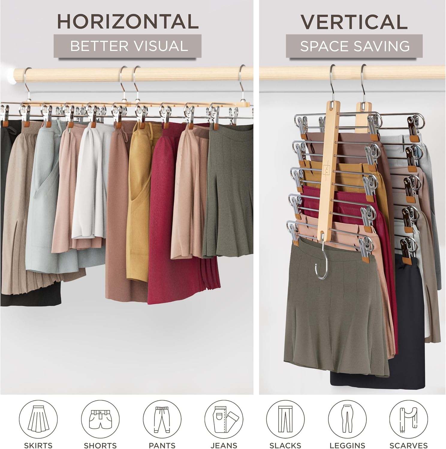 Skirt Hangers Space Saving with Clips - 2 Pack - European Beechwood 5-Tier Hanger for Shorts, Skirts, and Pants - Closet Organizer and Storage Solution for Women with 360° Swivel Hook