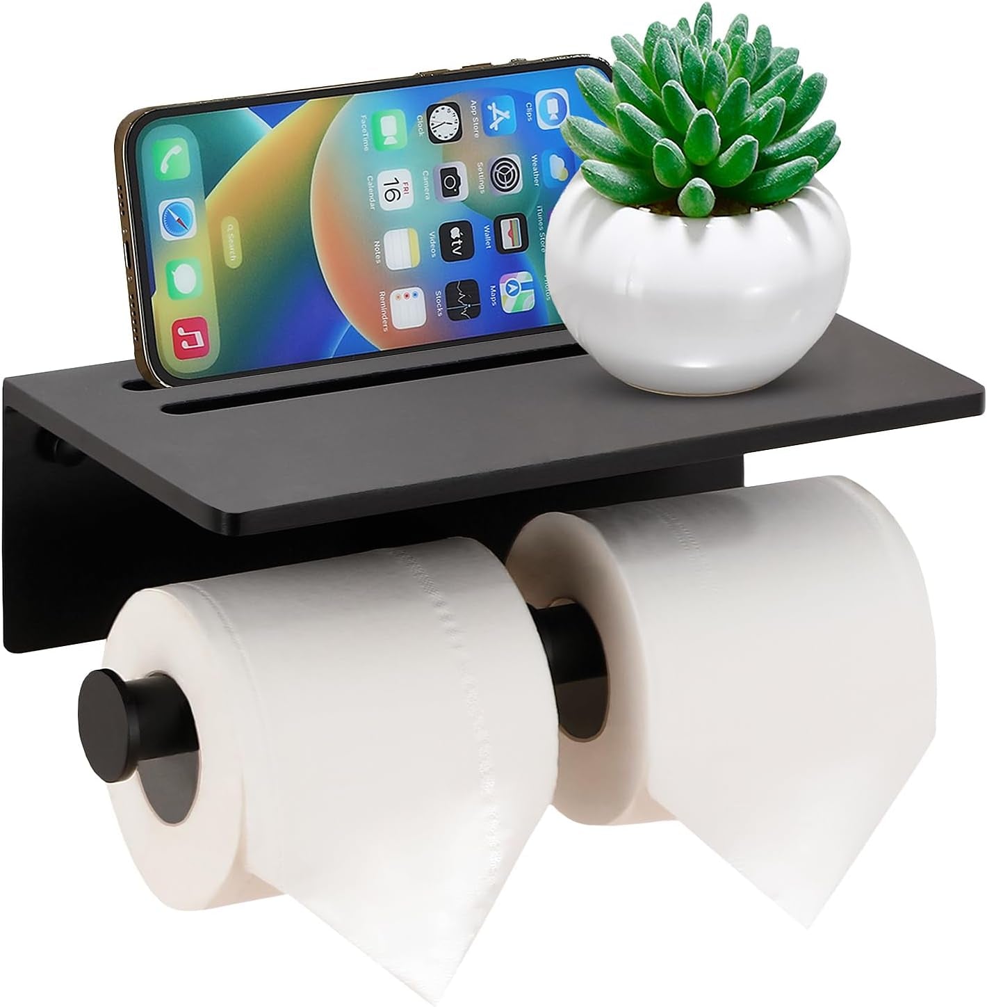 Aluminium Double Roll Toilet Paper Holder with Mobile Phone Shelf