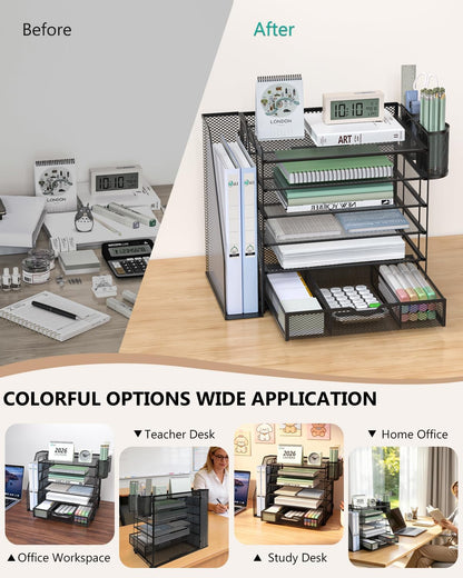 6-Tier Desktop File Organizer with Drawer and Dual Pen Holders - Professional Office and Home Workspace Accessory, Black