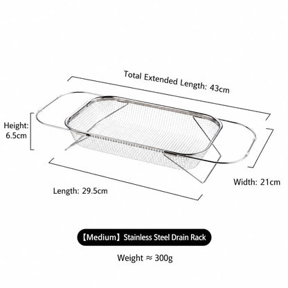 Stainless Steel Expandable Over-The-Sink Colander Strainer Basket with Handles - Rectangular Fine Mesh Kitchen Utensil, Essential Kitchen Supply