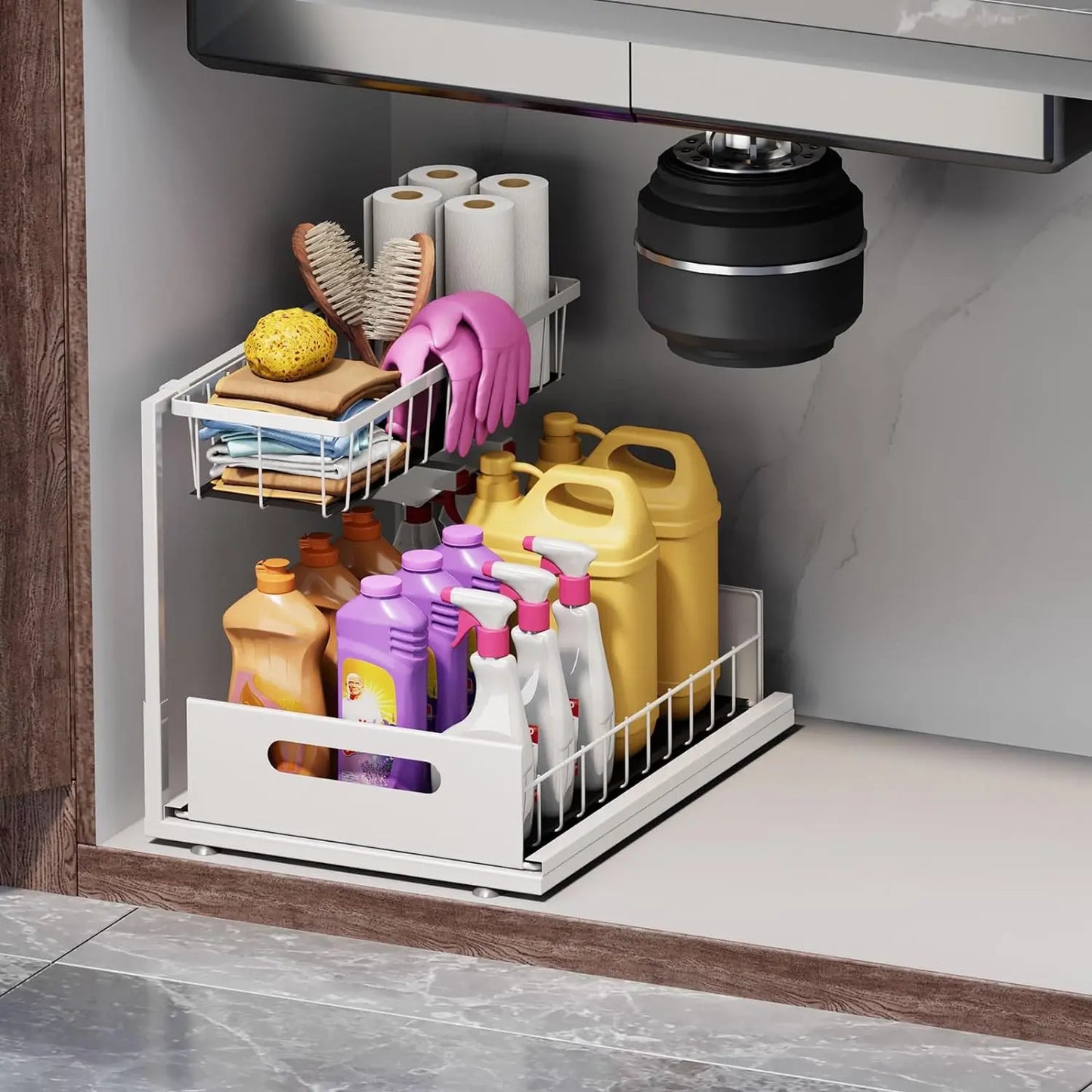 L-Shaped Pull-Out Under Sink Organizer - 2-Tier Sturdy Metal Storage Solution for Kitchen and Bathroom, Rustproof and Easy to Install, Ideal for Spices and Snacks, Black