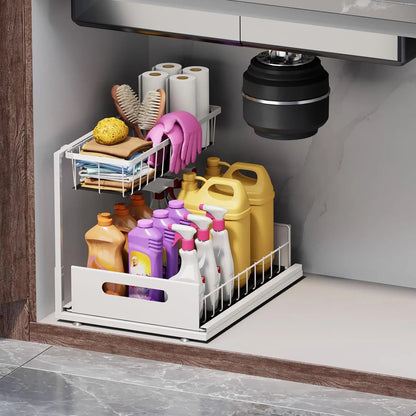 L-Shaped Pull-Out Under Sink Organizer - 2-Tier Sturdy Metal Storage Solution for Kitchen and Bathroom, Rustproof and Easy to Install, Ideal for Spices and Snacks, Black