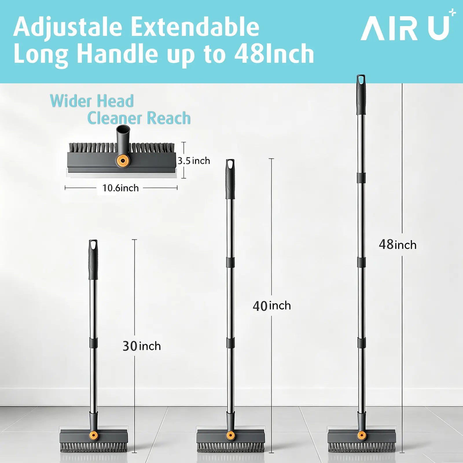 AIR U Floor Scrub Brush with Multi-Purpose Long Handle Scrub 3 in 1 360°Rotating Scrape and Heavy-Duty Stiff Bristle Scrubber Brush for Bathtub Cleaning Shower Bathroom Patio Garage Kitchen Wall and Deck Cleaning Supplies Home Essential Items