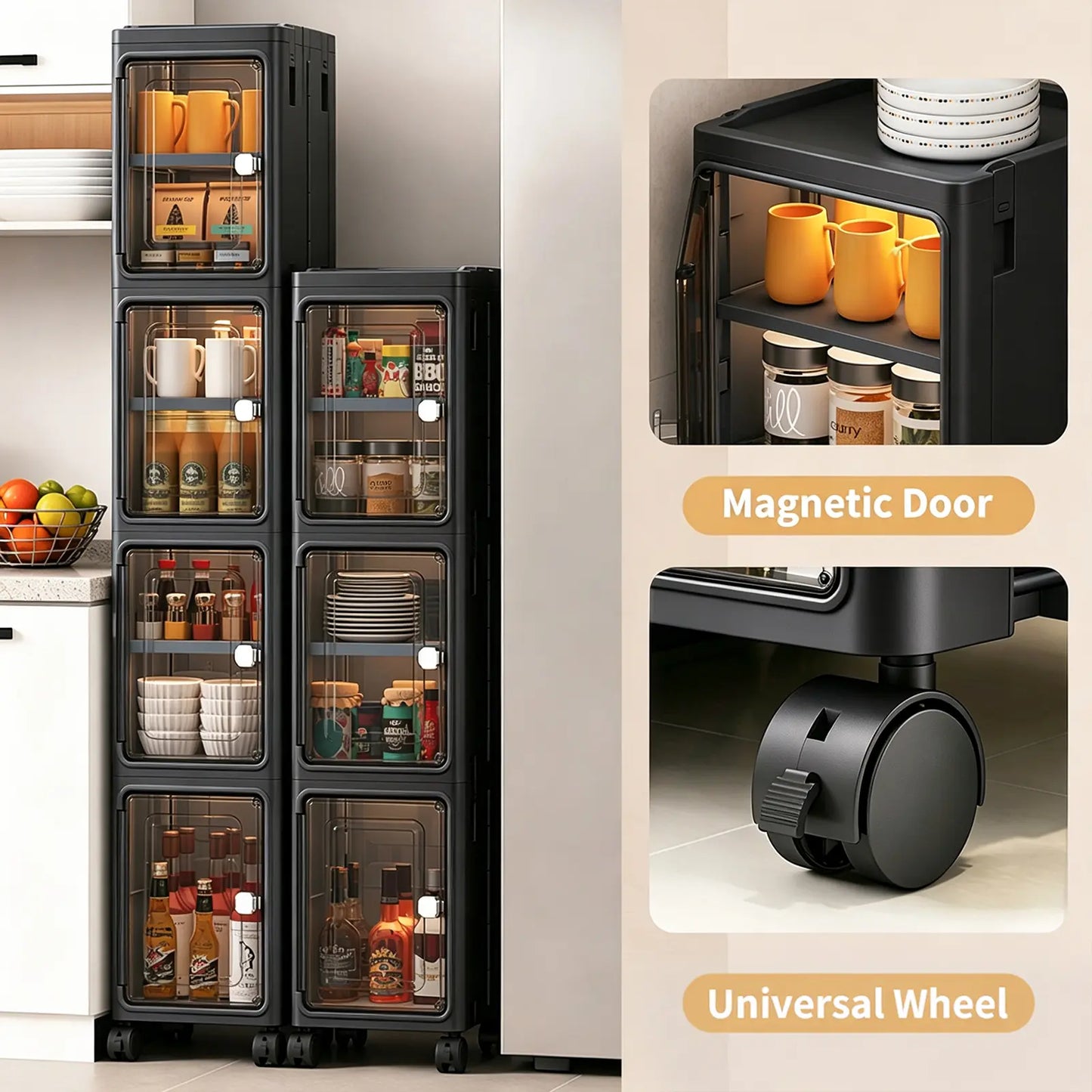 White Freestanding PP Plastic Pantry Storage Cabinet - 5-Tier Slim Narrow Unit with 360° Swivel Casters, Adjustable Shelves, Flat Fold, Lockable Modern Design, Furniture Storage for Kitchen Organizing, Bathroom