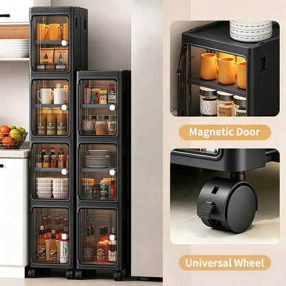White Freestanding PP Plastic Pantry Storage Cabinet - 5-Tier Slim Narrow Unit with 360° Swivel Casters, Adjustable Shelves, Flat Fold, Lockable Modern Design, Furniture Storage for Kitchen Organizing, Bathroom