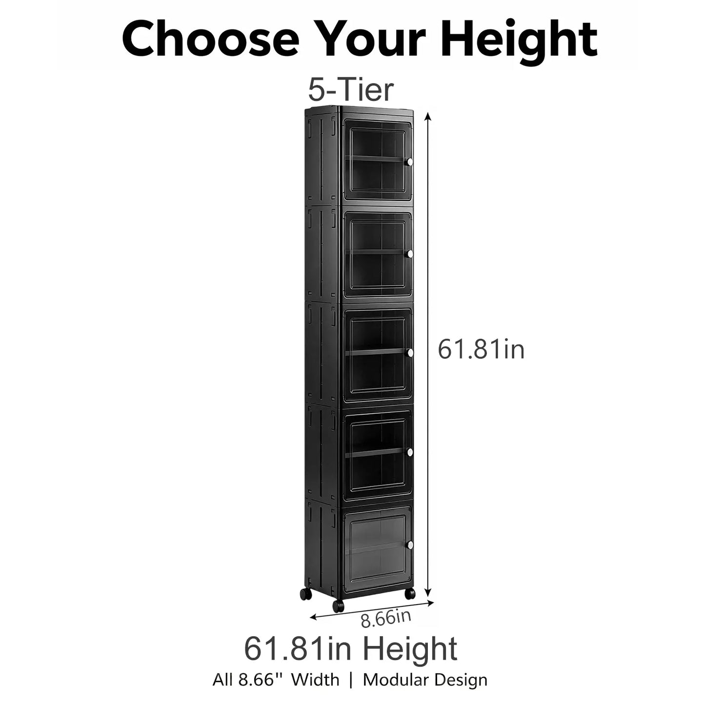 White Freestanding PP Plastic Pantry Storage Cabinet - 5-Tier Slim Narrow Unit with 360° Swivel Casters, Adjustable Shelves, Flat Fold, Lockable Modern Design, Furniture Storage for Kitchen Organizing, Bathroom