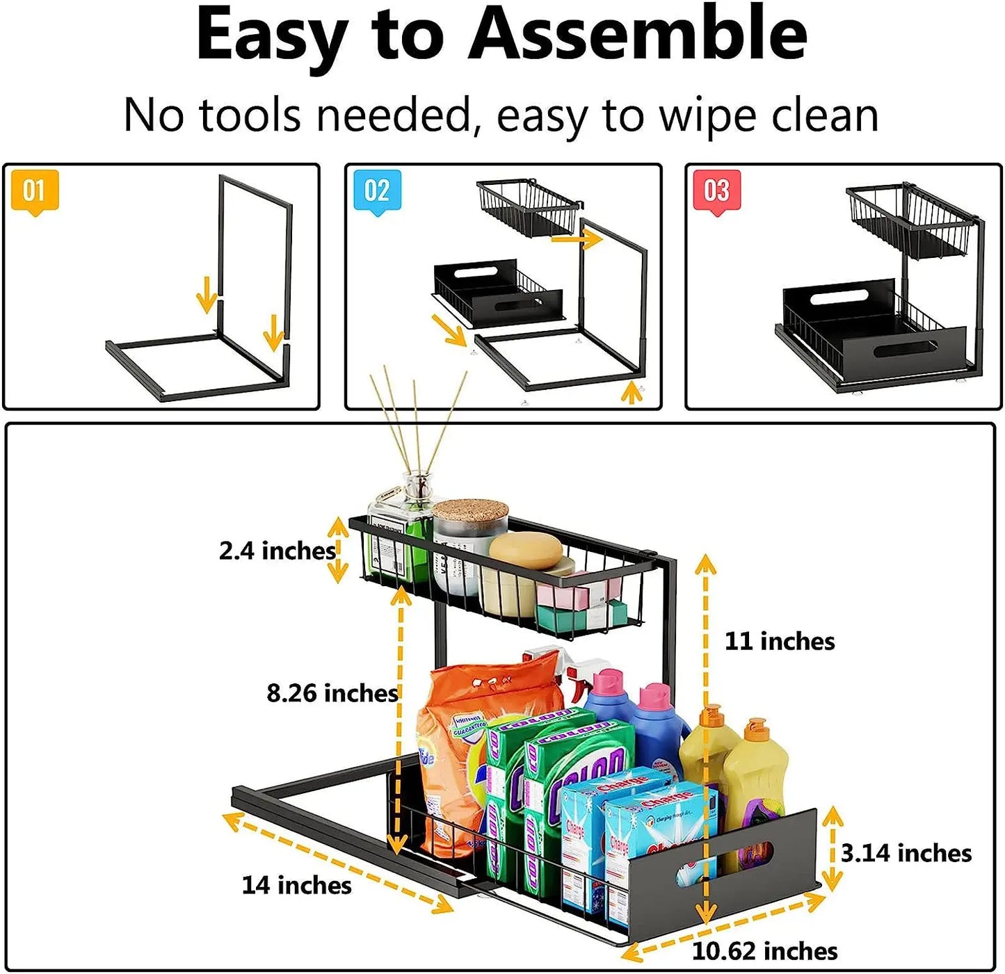 L-Shaped Pull-Out Under Sink Organizer - 2-Tier Sturdy Metal Storage Solution for Kitchen and Bathroom, Rustproof and Easy to Install, Ideal for Spices and Snacks, Black
