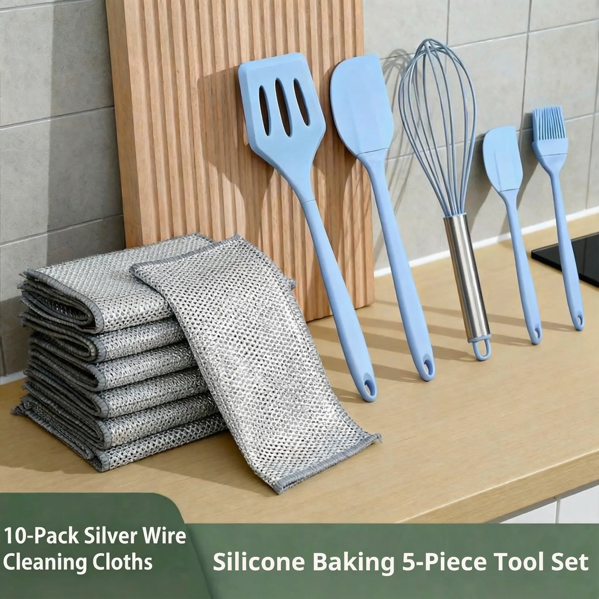 Food-Grade Silicone Kitchen Bakeware Combo Set (5Pcs) - Spatula, Leak-Proof Scraper, Whisk, Brush, Heat-Resistant Stirring Utensils for 4-Hole Pans, Kitchen Supplies + Free 10-Piece Metal Wire Dish Cloths (Dish-Safe, Detailed Size Chart Included)