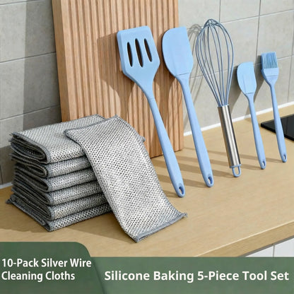 Food-Grade Silicone Kitchen Bakeware Combo Set (5Pcs) - Spatula, Leak-Proof Scraper, Whisk, Brush, Heat-Resistant Stirring Utensils for 4-Hole Pans, Kitchen Supplies + Free 10-Piece Metal Wire Dish Cloths (Dish-Safe, Detailed Size Chart Included)