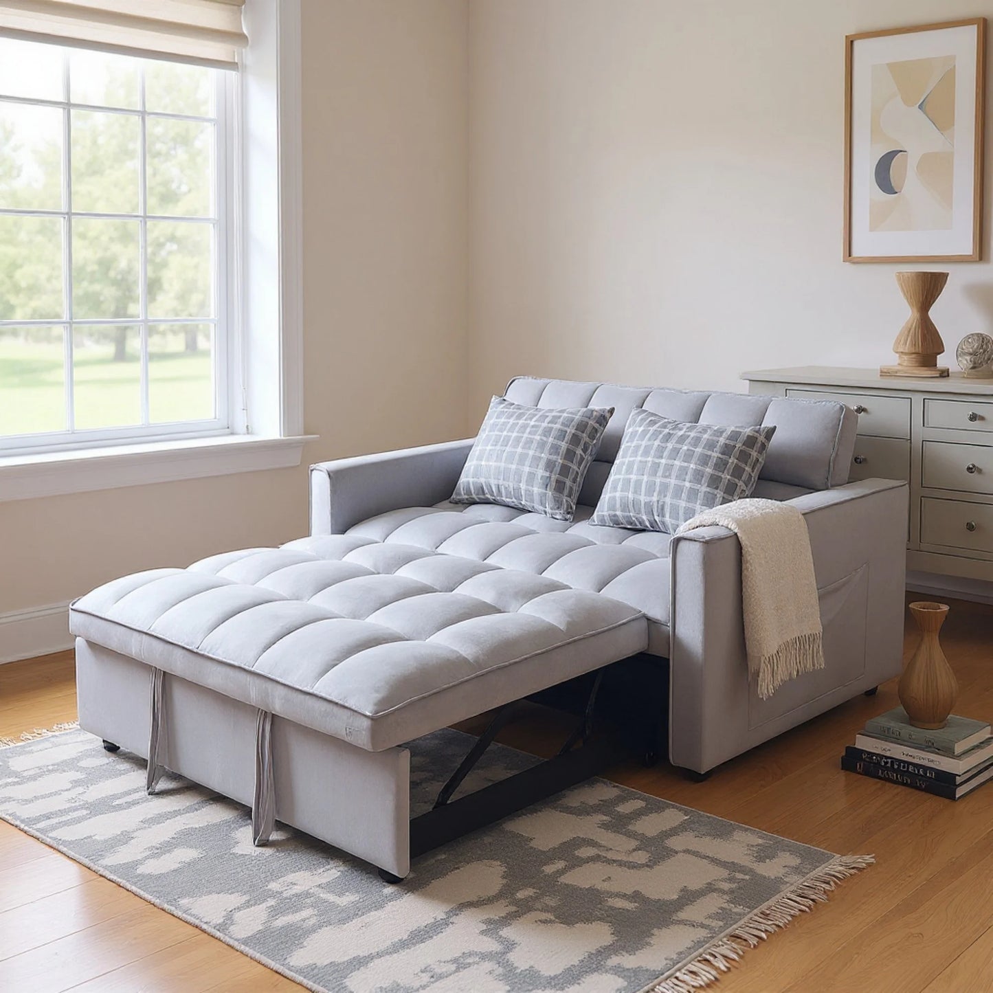 51.1-Inch Velvet Convertible Sofa Bed with Adjustable Backrest - Light Grey Loveseat for Living Room or Office