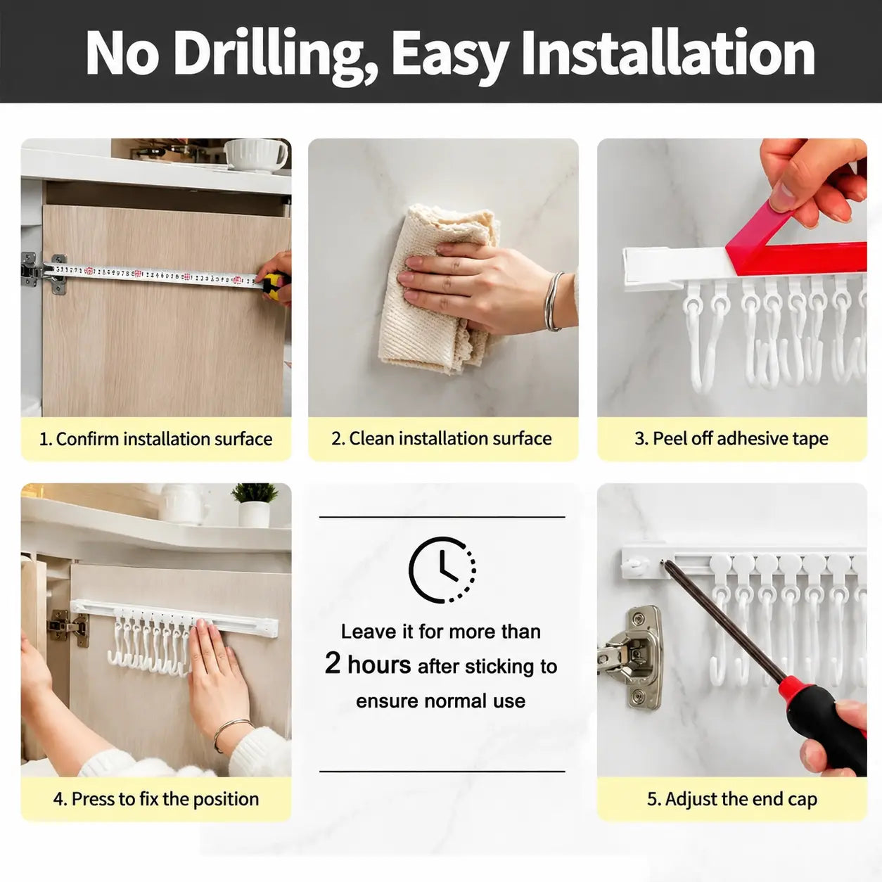 Adjustable 10-Hook Multifunctional Slide Rail Adhesive Wall Organiser, Kitchen Utensil Holder, Cupboard Hanging Storage Rack for Bathroom & Bedroom