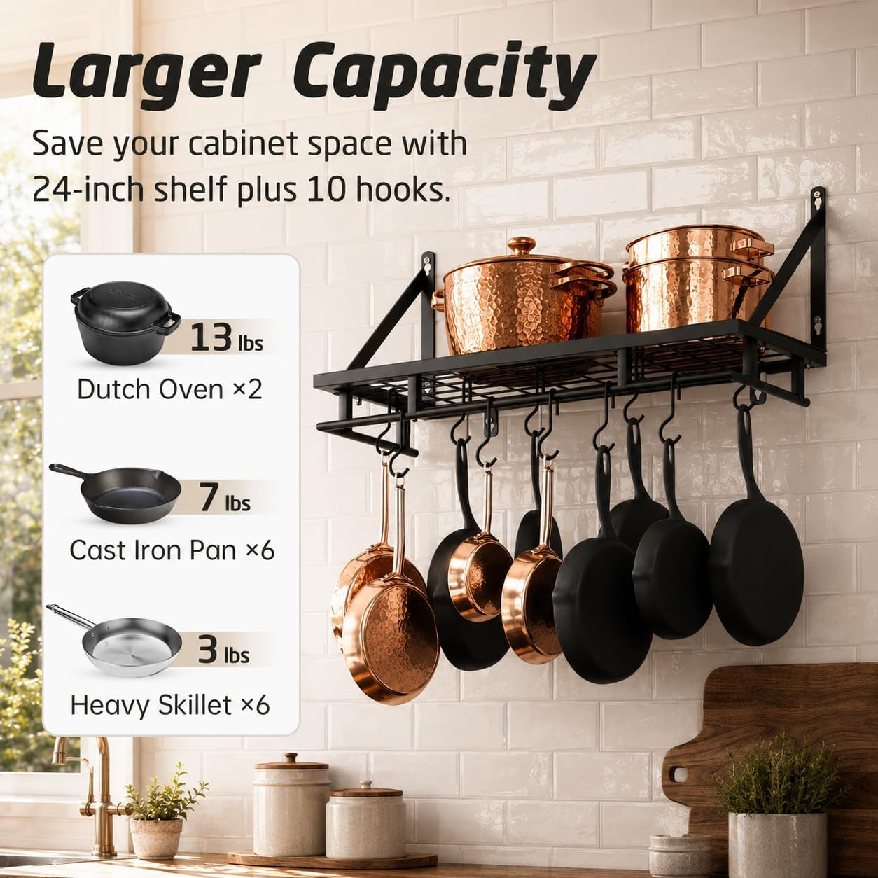 24-Inch Wall-Mounted Kitchen Pot and Pan Rack with 10 Hooks, Matte Black Finish