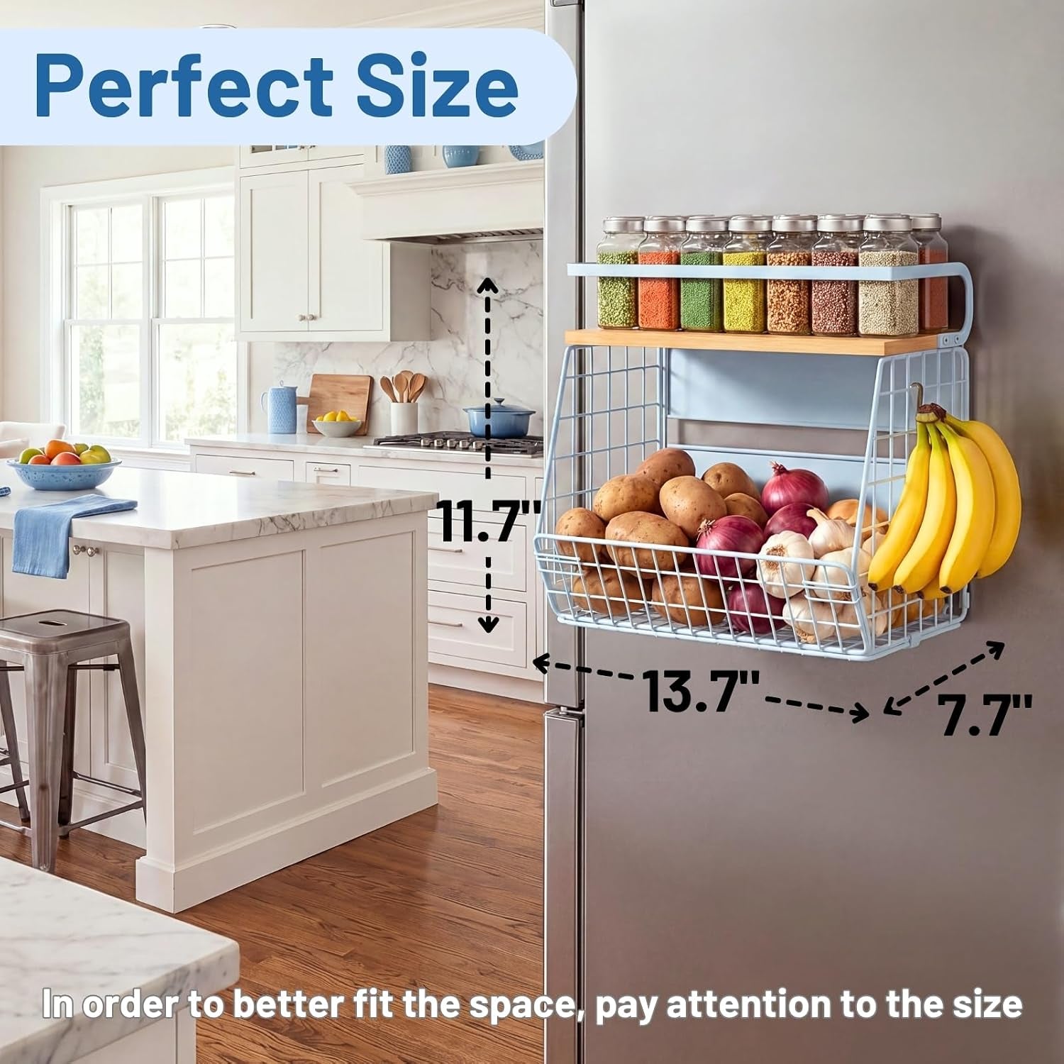 Magnetic Refrigerator Shelf with Wooden Lid for Fruit, Potato, and Onion Storage - Large Pantry Organizer and Spice Rack for Kitchen Counter and Cabinet (Blue, 1)