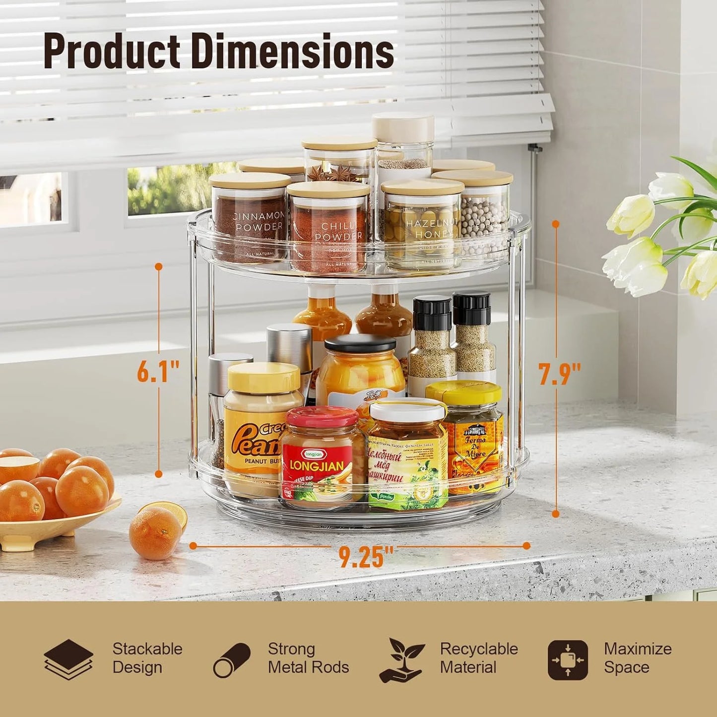 2-Tier Rotating Lazy Susan Turntable Organizer, 9.25'' - Stackable Plastic Storage Solution for Cabinets, Pantries, and Bathrooms
