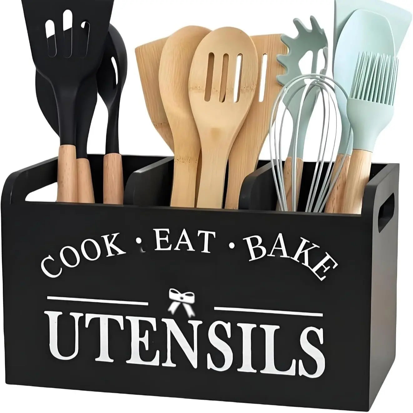 Rustic Brown Wooden Utensil Holder - 3-Compartment Kitchen Caddy for Cooking Tools and Accessories