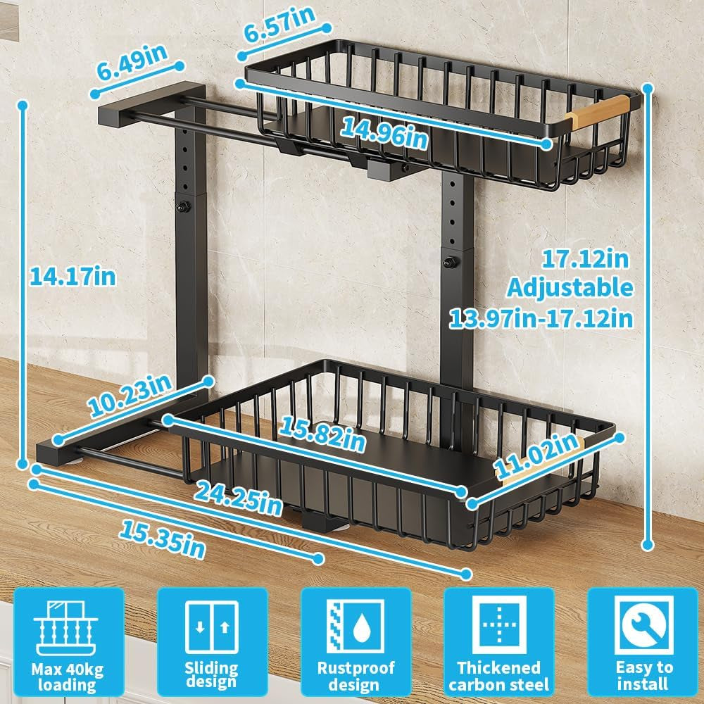 2-Tier Adjustable Metal Under Sink Organizer - Set of 2 Pull-Out Cabinet Shelves for Kitchen, Bathroom, and Pantry Storage