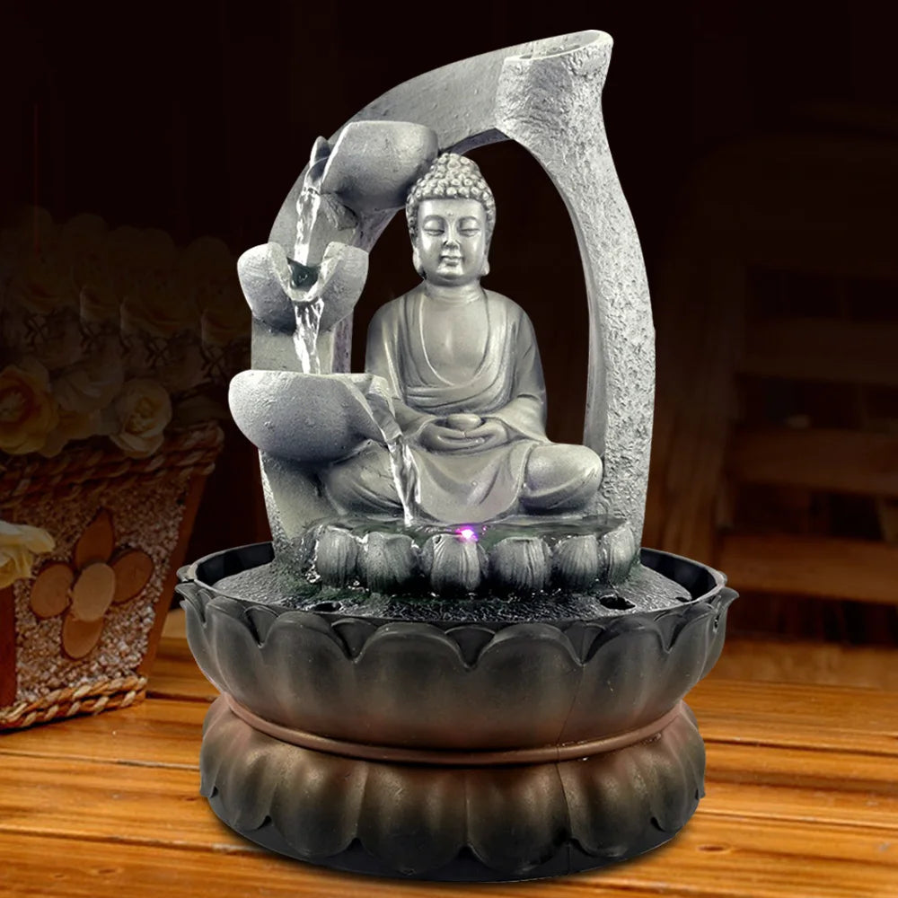 Indoor Water Fountain Water Feature LED Lights Tabletop Buddha Sculpture for Office Bedroom Home Decor