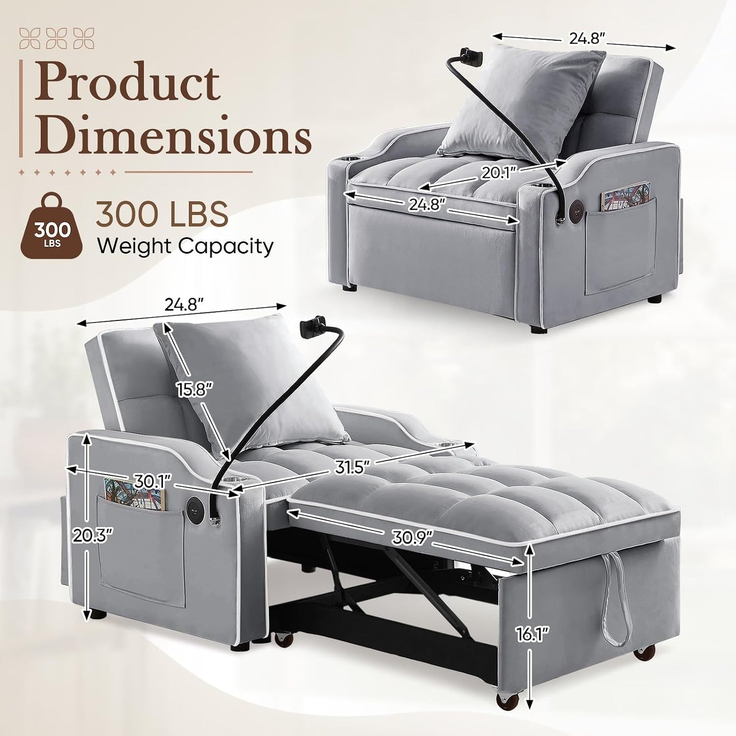 Convertible Velvet Futon Sleeper Chair Bed with Phone Holder and USB Ports, Adjustable Recliner Armchair for Living Room and Office, Ideal for Small Spaces (Grey)