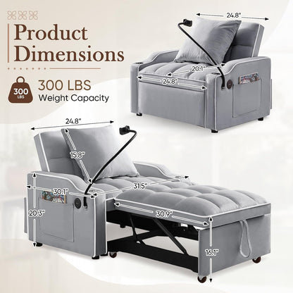 Convertible Velvet Futon Sleeper Chair Bed with Phone Holder and USB Ports, Adjustable Recliner Armchair for Living Room and Office, Ideal for Small Spaces (Grey)
