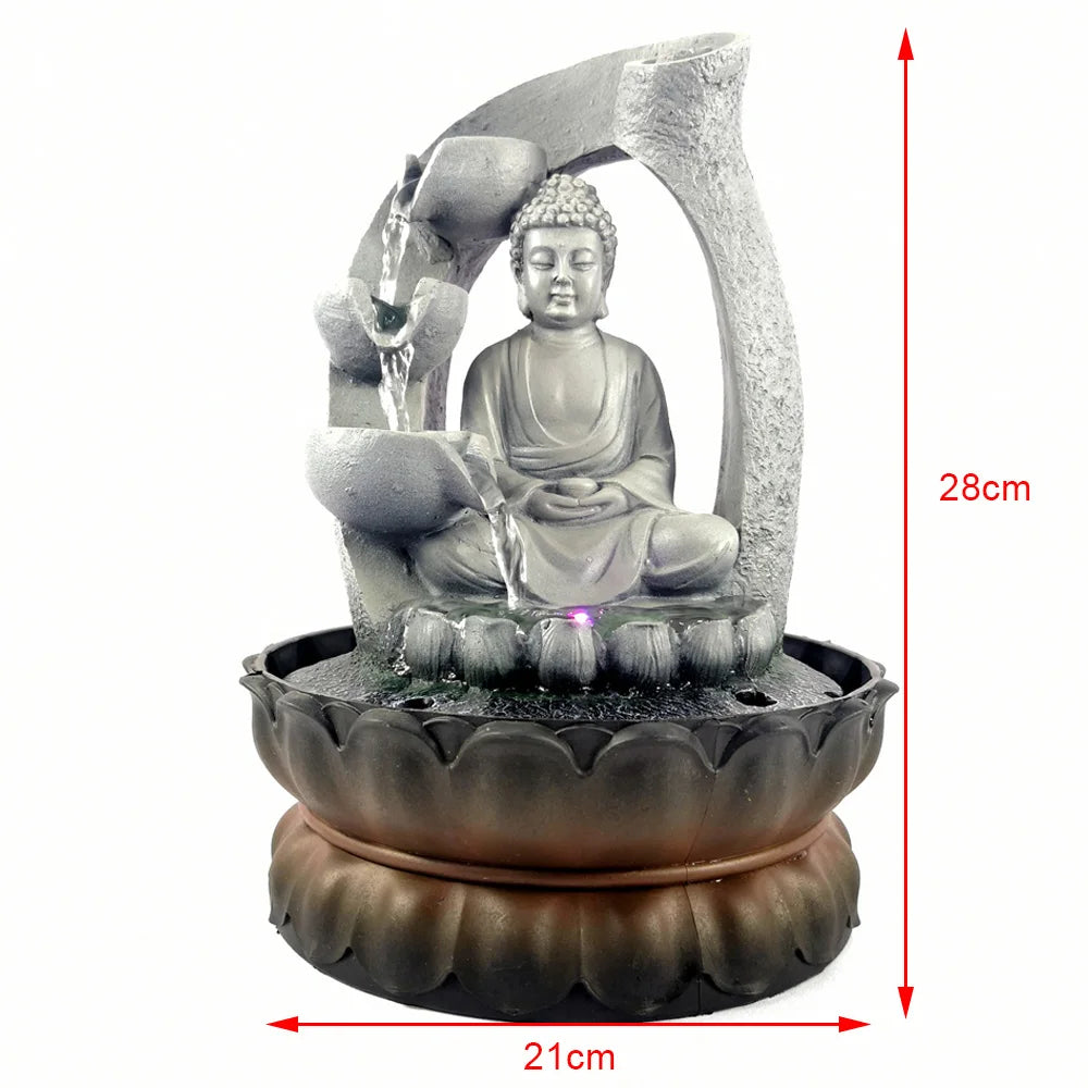 Indoor Water Fountain Water Feature LED Lights Tabletop Buddha Sculpture for Office Bedroom Home Decor