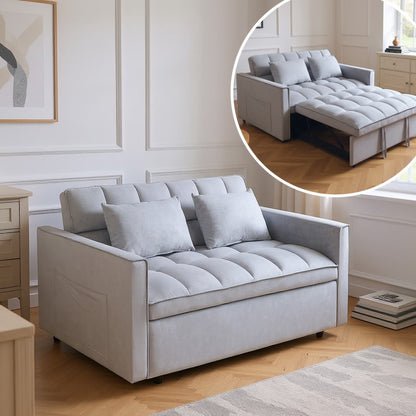 51.1-Inch Velvet Convertible Sofa Bed with Adjustable Backrest - Light Grey Loveseat for Living Room or Office