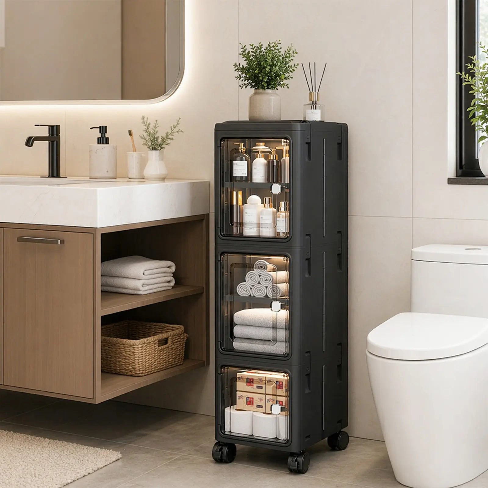 White Freestanding PP Plastic Pantry Storage Cabinet - 5-Tier Slim Narrow Unit with 360° Swivel Casters, Adjustable Shelves, Flat Fold, Lockable Modern Design, Furniture Storage for Kitchen Organizing, Bathroom