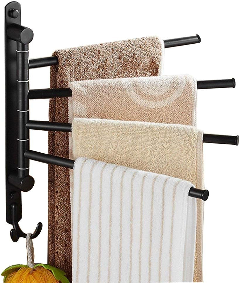 Oil Rubbed Bronze Wall-Mounted Swivel Towel Rack Holder with Hooks - 4-Arm Design for Bathroom