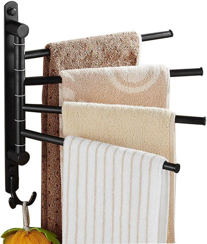 Oil Rubbed Bronze Wall-Mounted Swivel Towel Rack Holder with Hooks - 4-Arm Design for Bathroom