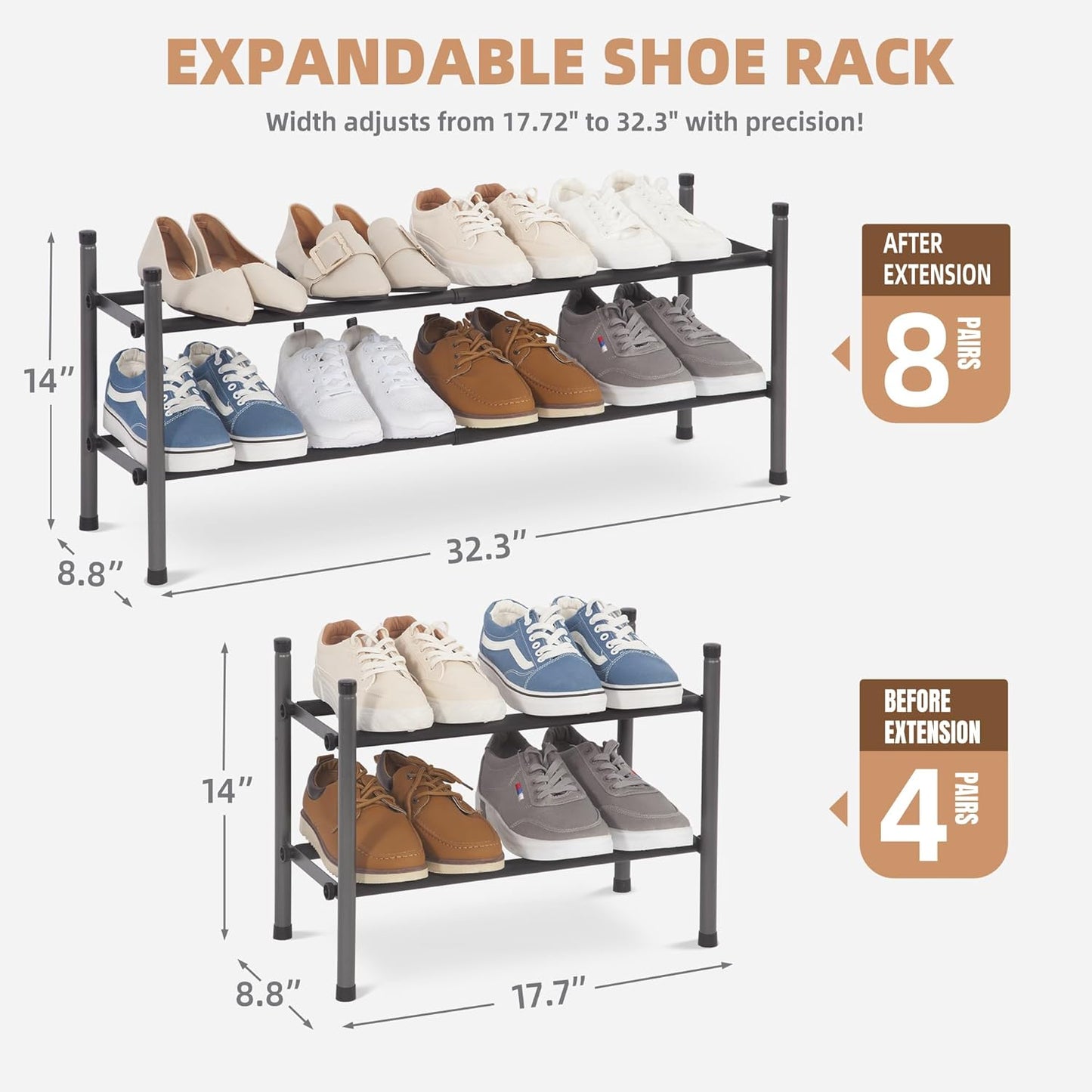Expandable 2-Tier Shoe Rack, Adjustable Metal Organizer for 8 Pairs of Shoes, Stackable Design for Entryway, Hallway, and Garage, Black