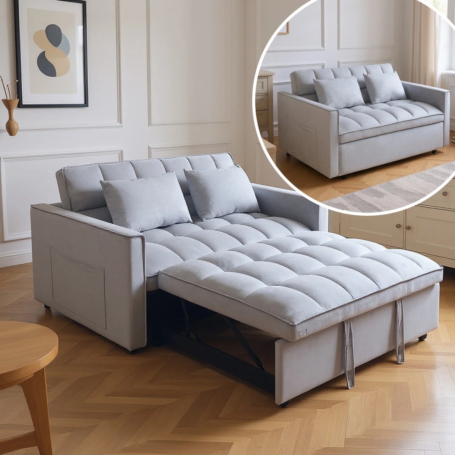 51.1-Inch Velvet Convertible Sofa Bed with Adjustable Backrest - Light Grey Loveseat for Living Room or Office