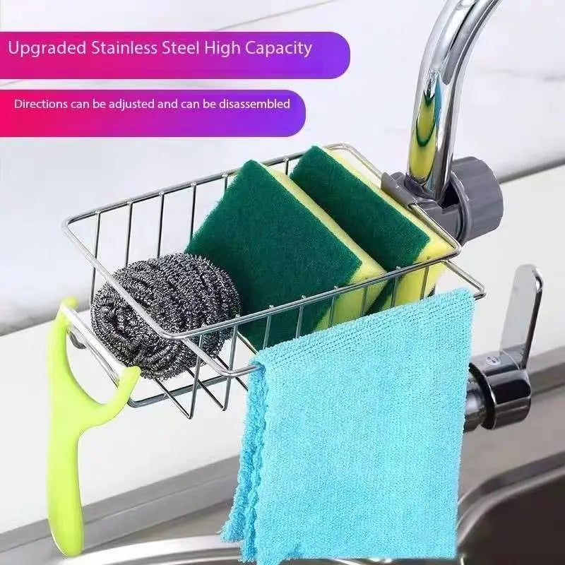 Stainless Steel Over-Faucet Sink Organizer, Rectangle Durable Steel Stand, Adjustable Multifunctional Kitchen Organizers, 360-Degree Rotation No-Drill Holder for Bathroom & Kitchen