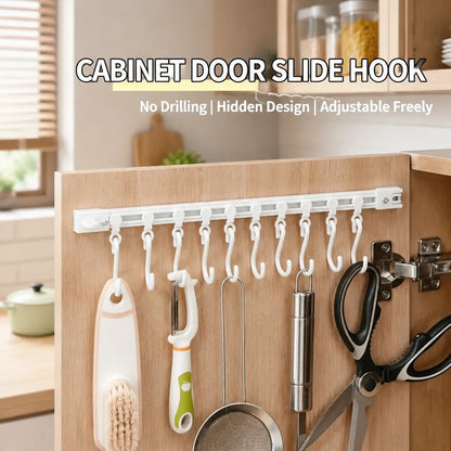 Adjustable 10-Hook Multifunctional Slide Rail Adhesive Wall Organiser, Kitchen Utensil Holder, Cupboard Hanging Storage Rack for Bathroom & Bedroom